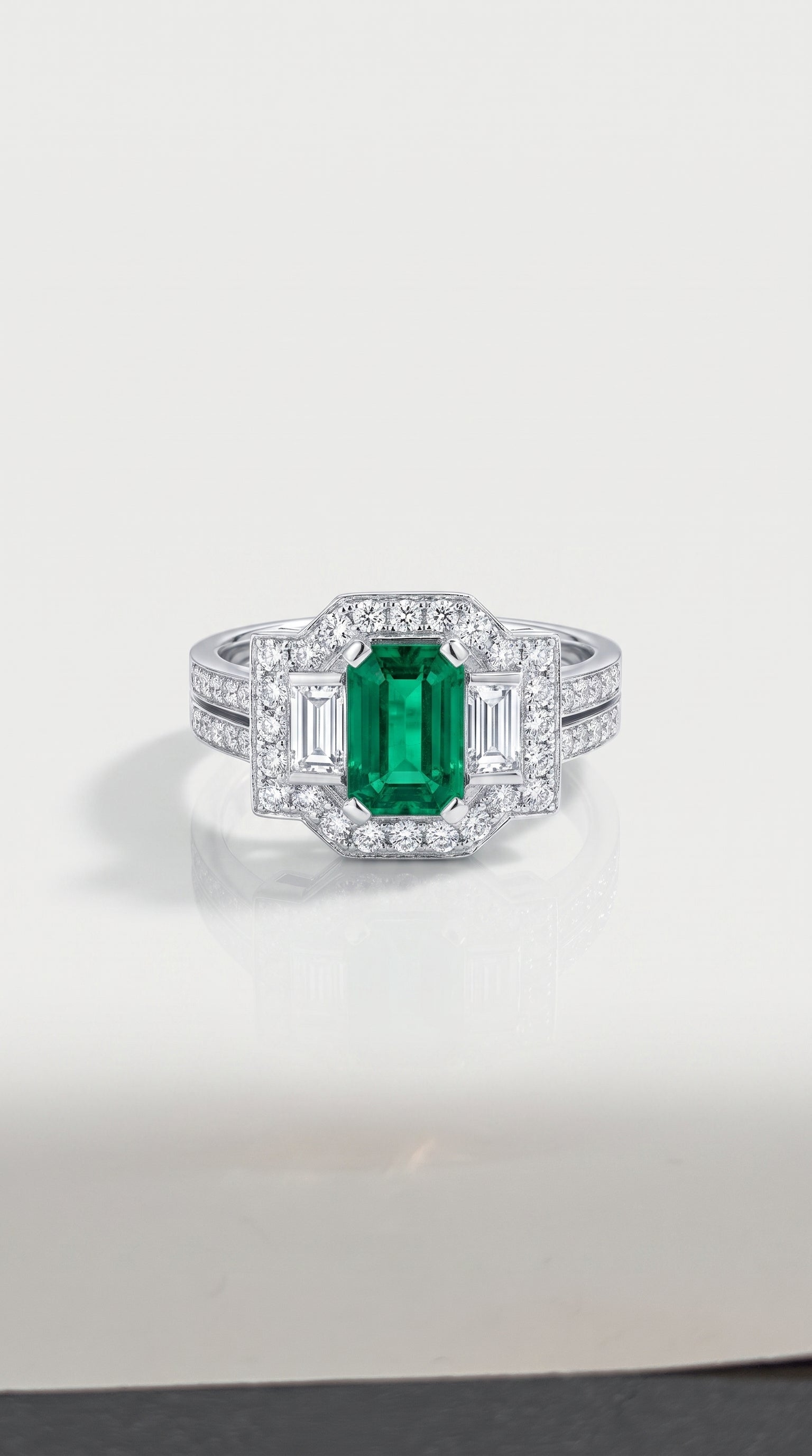 Art Deco Elongated Emerald Trilogy Diamond Ring