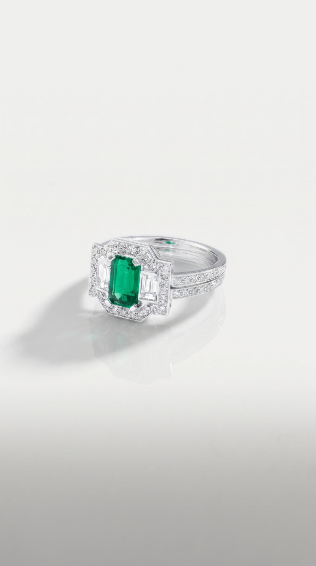 Art Deco Elongated Emerald Trilogy Diamond Ring, view 2 — Levendi Jewellers
