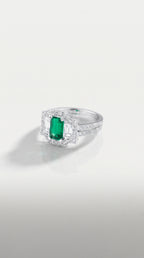 Art Deco Elongated Emerald Trilogy Diamond Ring, view 2 — Levendi Jewellers