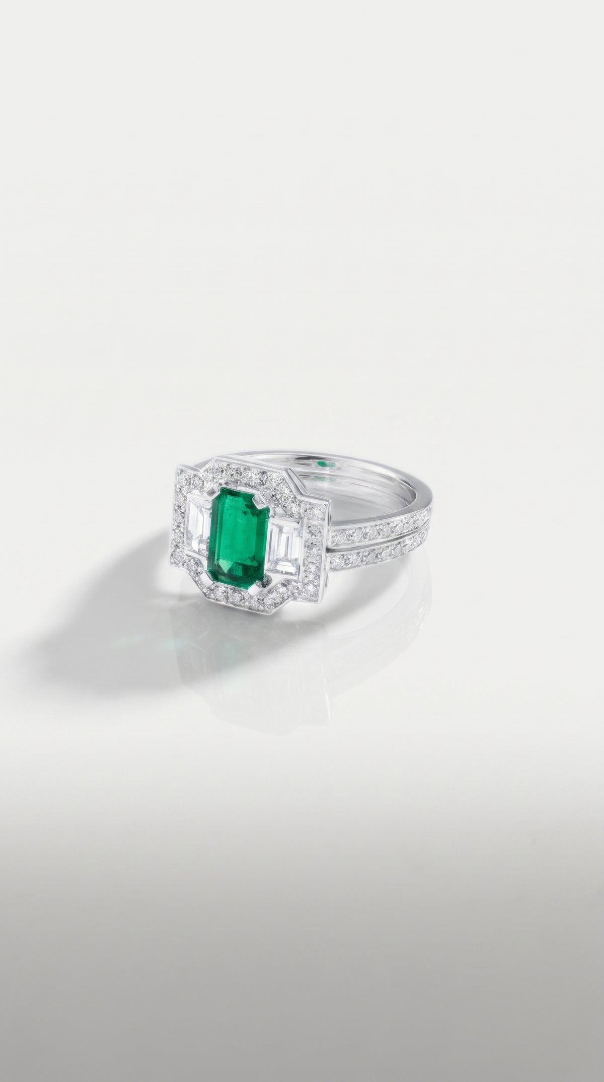 Art Deco Elongated Emerald Trilogy Diamond Ring, view 2 — Levendi Jewellers