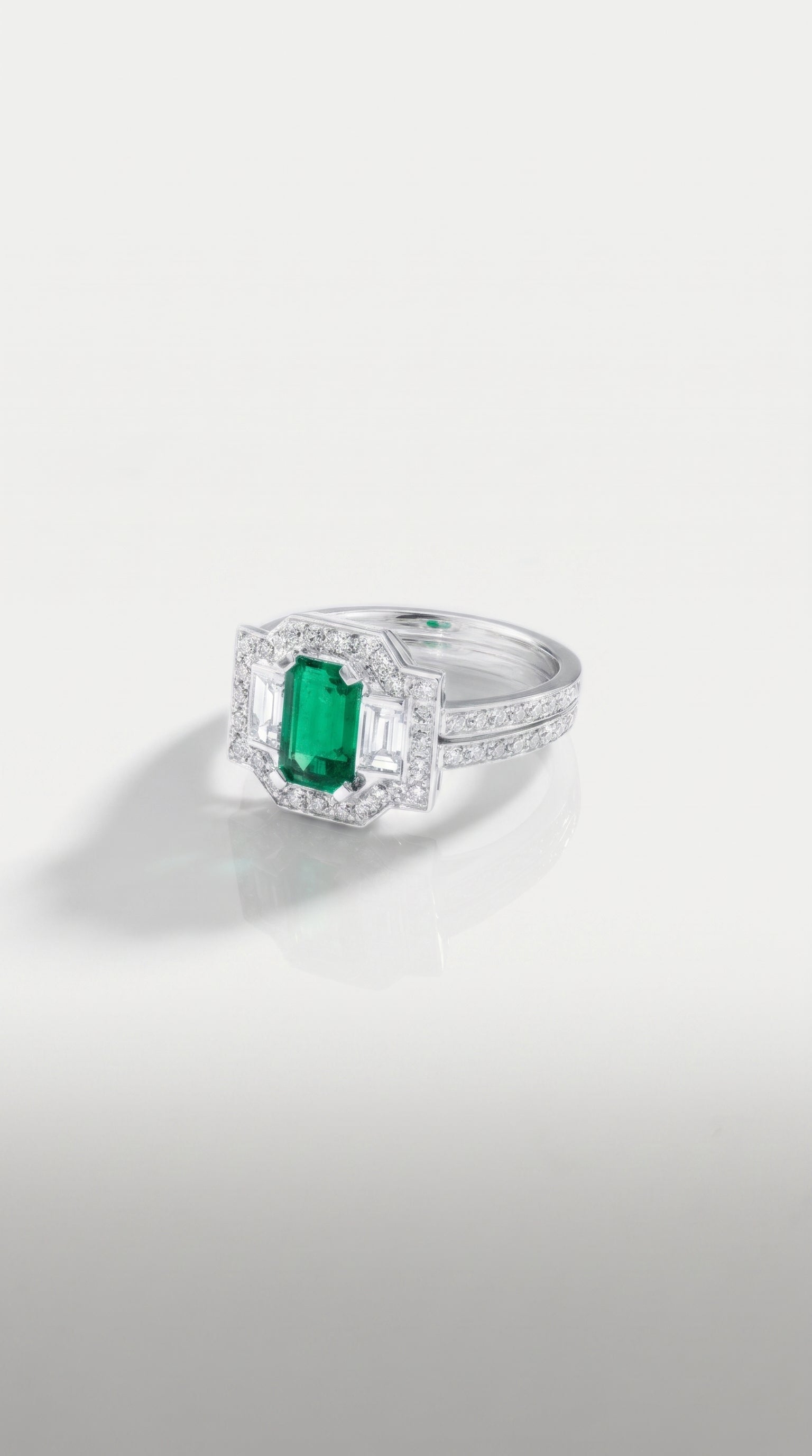 Art Deco Elongated Emerald Trilogy Diamond Ring