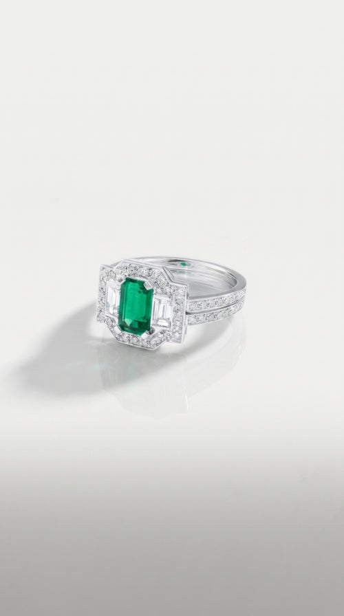 Art Deco Elongated Emerald Trilogy Diamond Ring