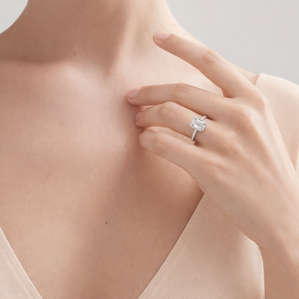Levendi Classic - Emerald Cut Halo Engagement Ring, view 2 — Levendi Jewellers