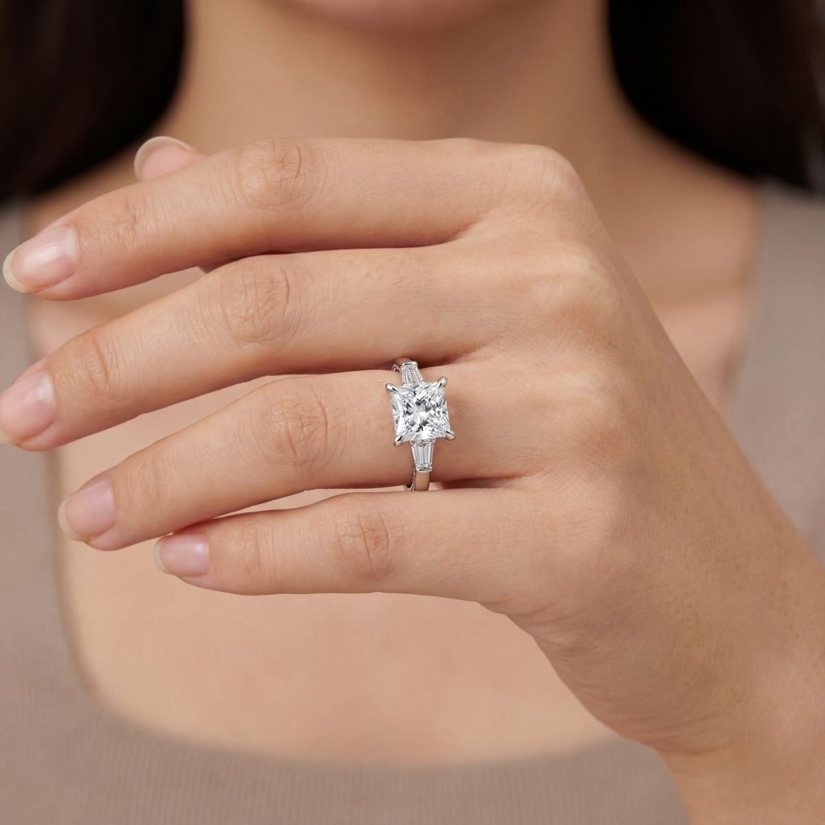 Levendi Classic Trilogy - Princess Cut and Baguette Cut Engagement Ring, view 2 — Levendi Jewellers