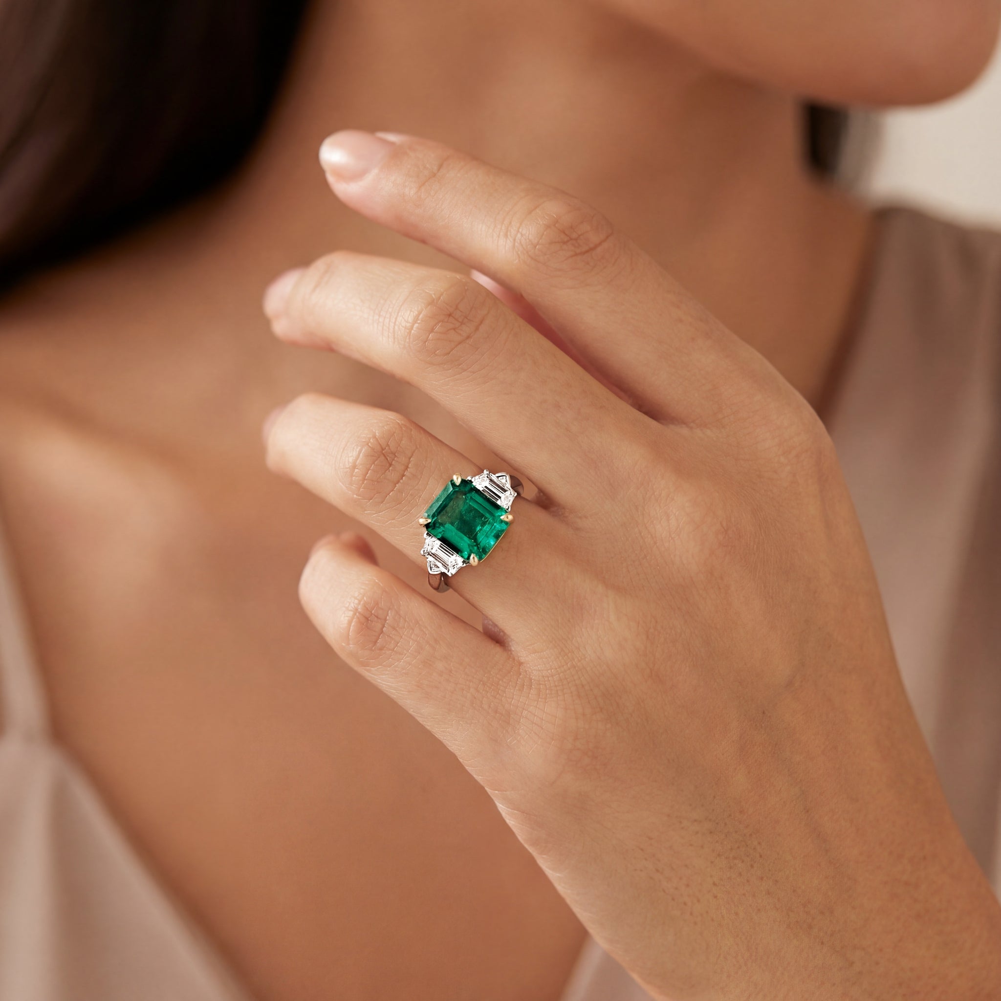 Trilogy Colombian Emerald & Trapezoid Cut Diamonds Ring, view 2 — Levendi Jewellers