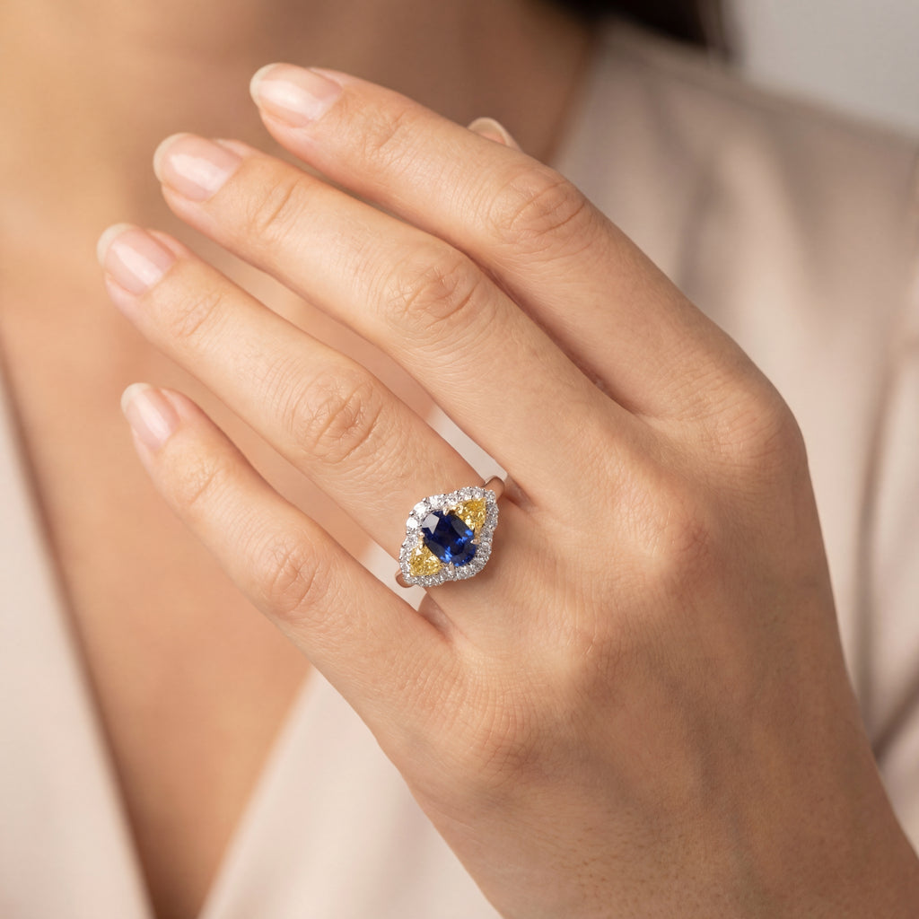 Trilogy Australian Blue Sapphire & Yellow Diamonds, view 3 — Levendi Jewellers