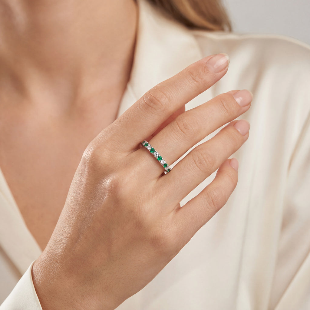 Wedding Band - White Gold Diamond and Emerald, view 2 — Levendi Jewellers