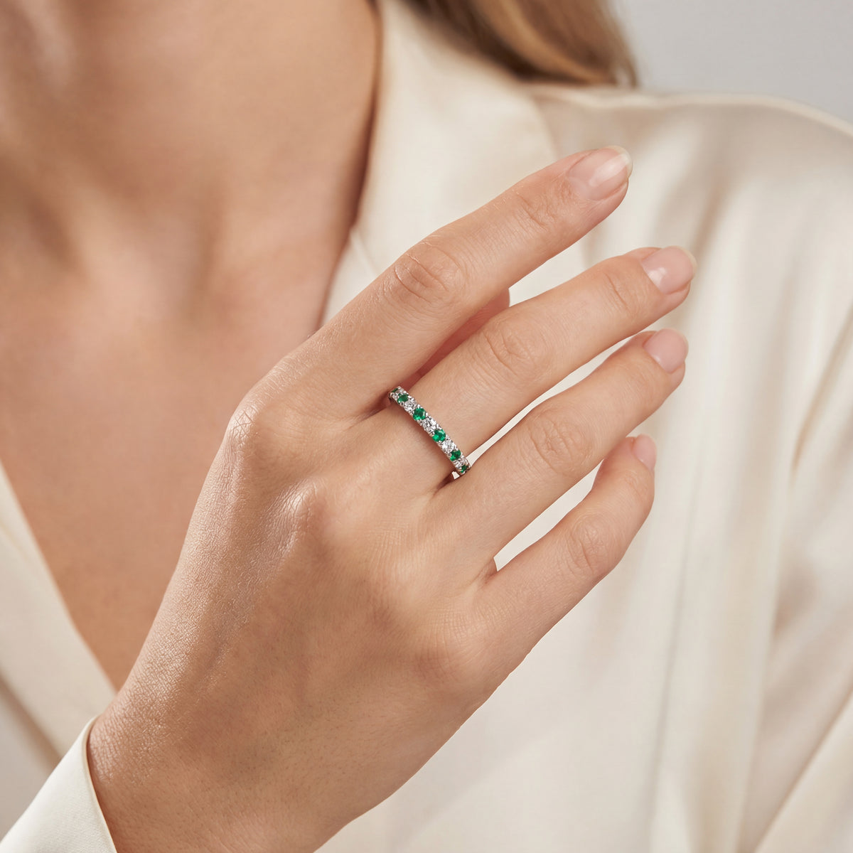 Wedding Band - White Gold Diamond and Emerald, view 2 — Levendi Jewellers