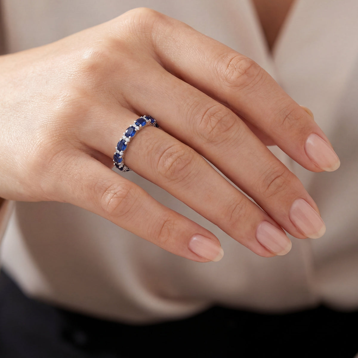Wedding Band - White Gold Oval Sapphire and Diamond., view 2 — Levendi Jewellers