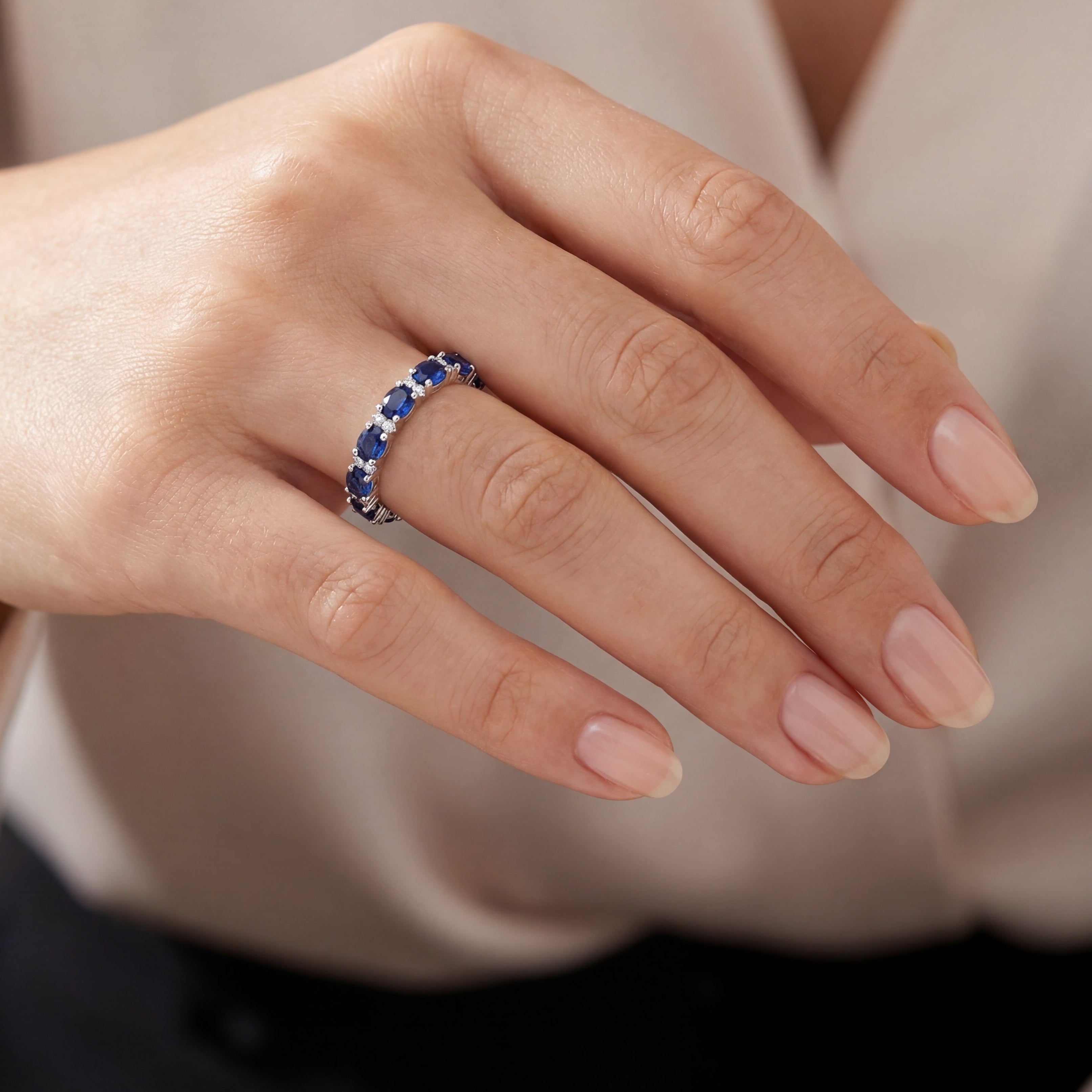Wedding Band - White Gold Oval Sapphire and Diamond.