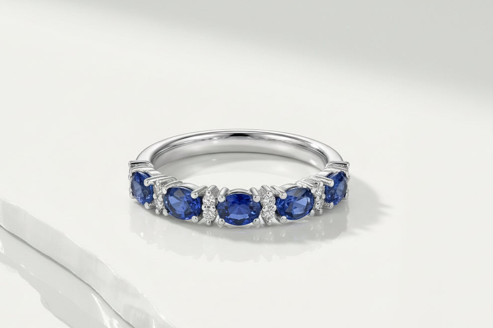 Wedding Band - White Gold Oval Sapphire and Diamond. — Levendi Jewellers