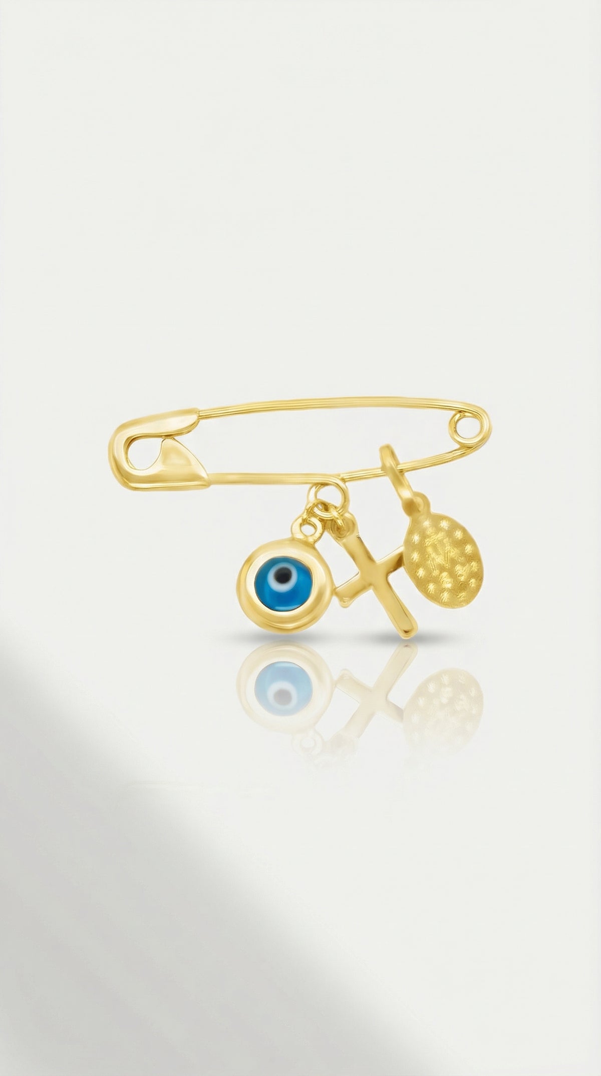 Mini Pin Yellow Gold Evil Eye & Mary Cross — Levendi Jewellers