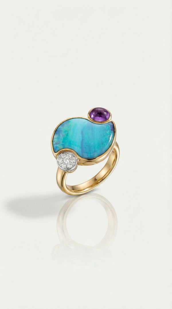 Australian Boulder Opal, Amethyst & Diamonds Ring — Levendi Jewellers
