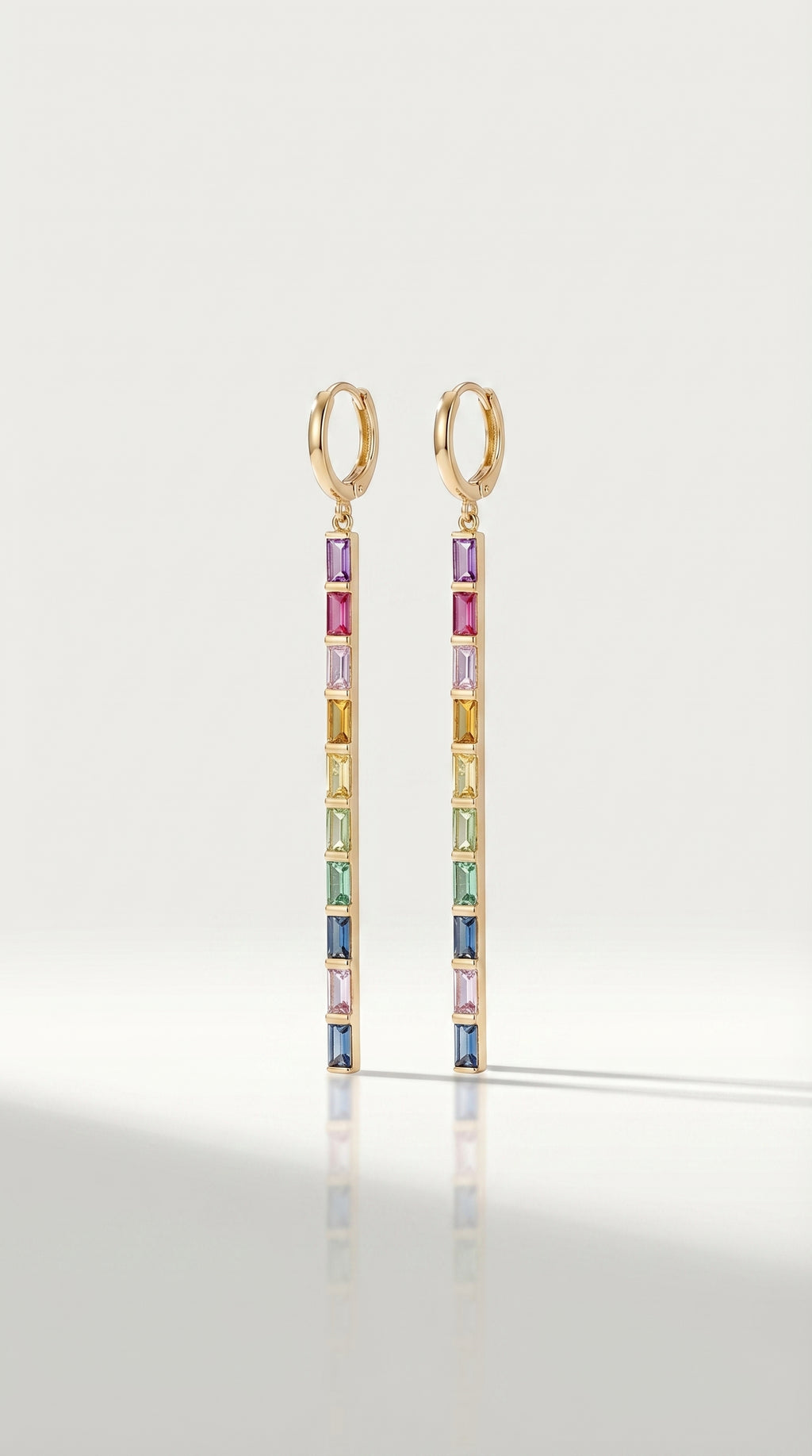 Rainbow Gemstones Baguette Long Earrings — Levendi Jewellers