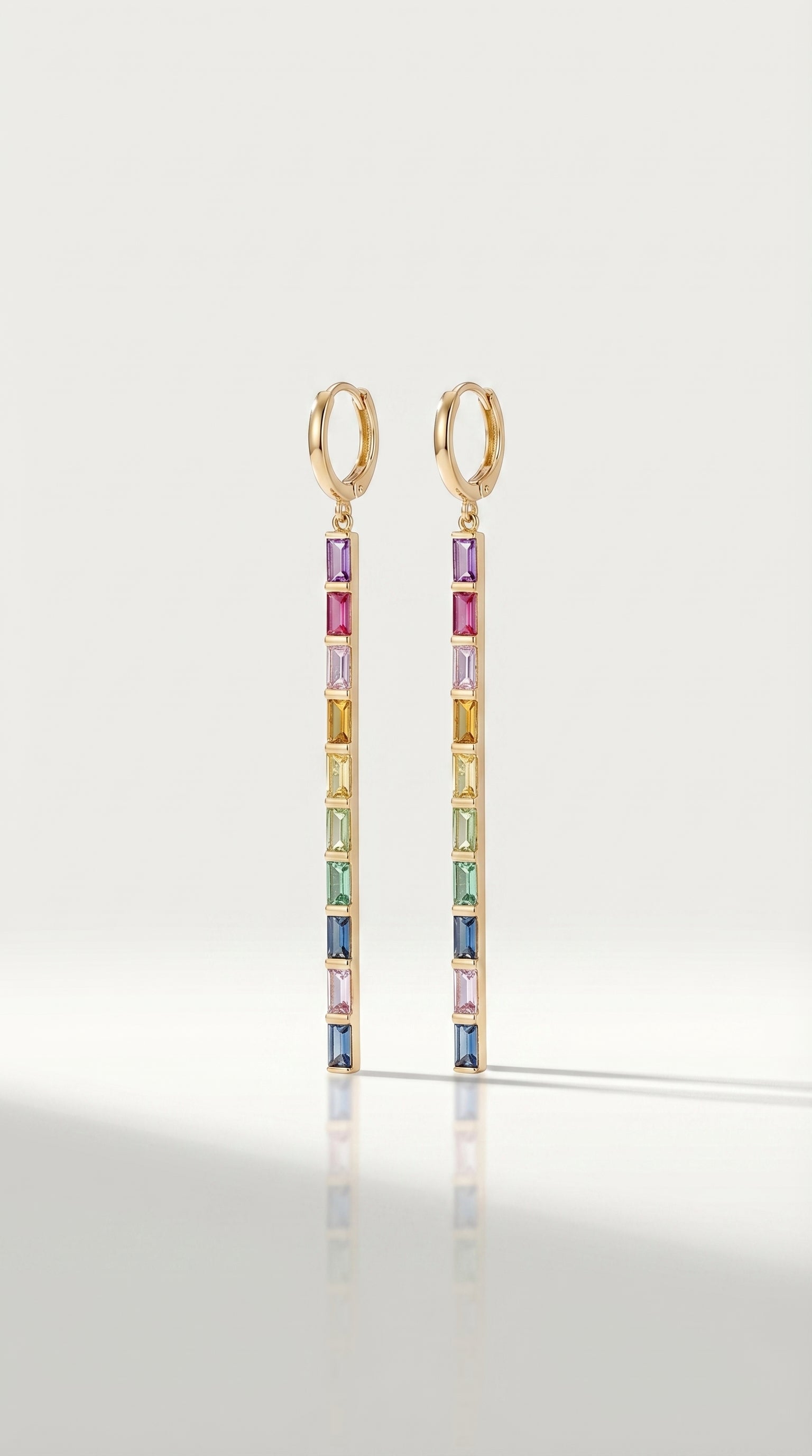 Rainbow Gemstones Baguette Long Earrings