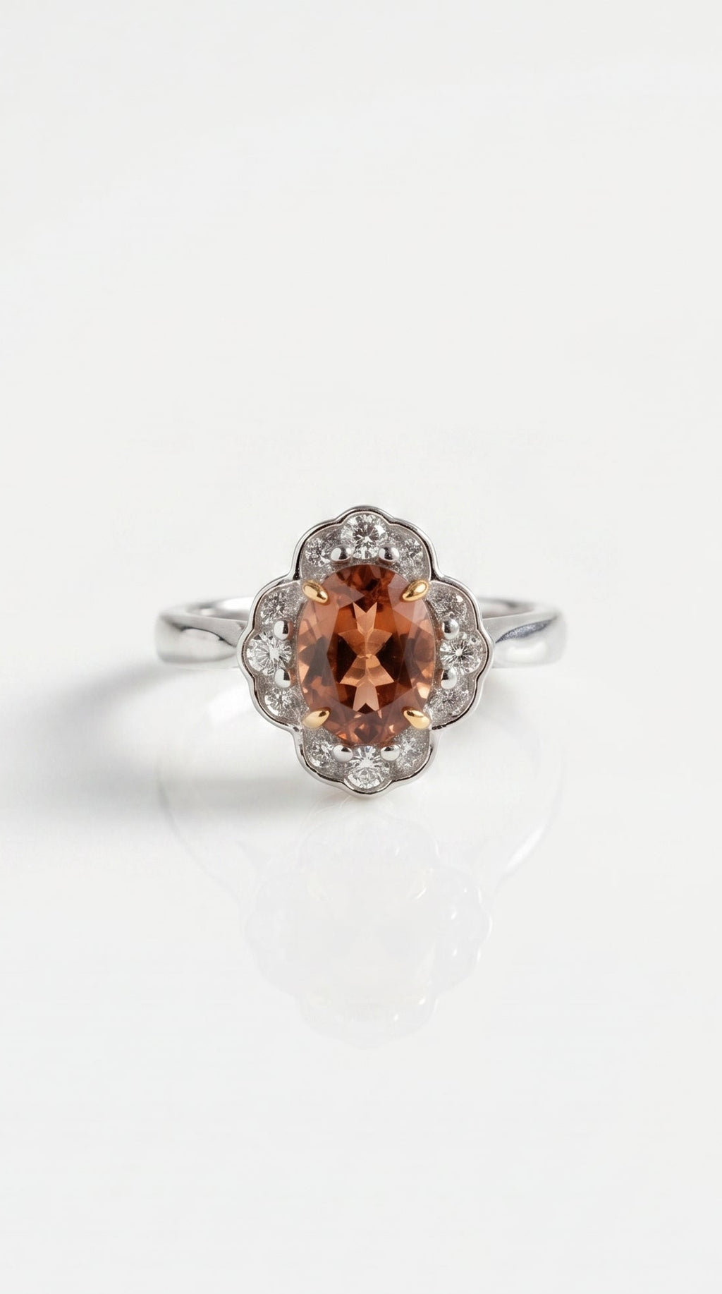 Peach Tourmaline & Diamonds Halo Flower Ring — Levendi Jewellers