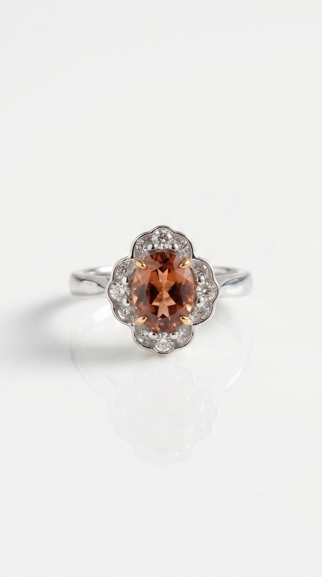 Peach Tourmaline & Diamonds Halo Flower Ring — Levendi Jewellers