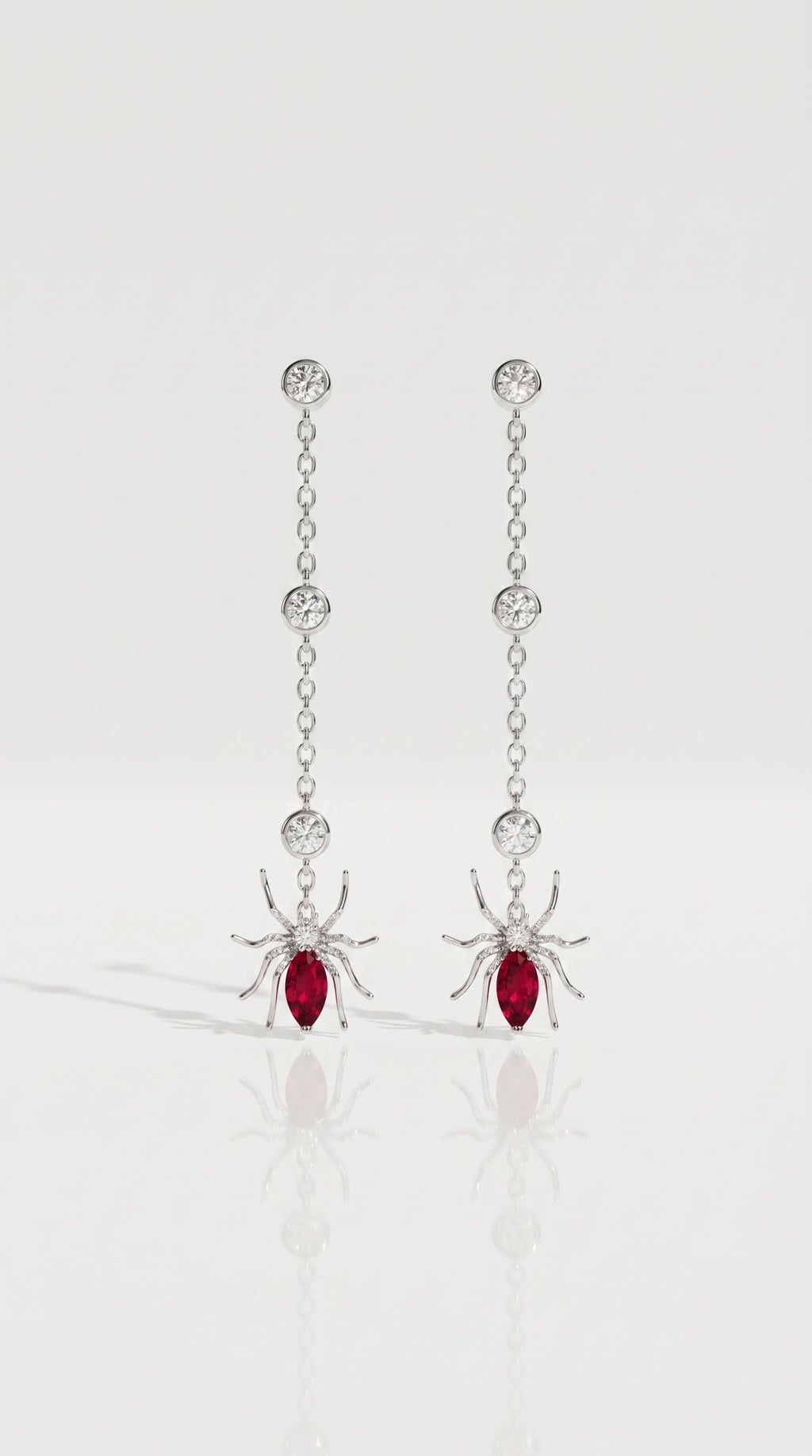 Arachnea Aurea - Web of love Ruby & Diamond Spider Drop Earrings — Levendi Jewellers