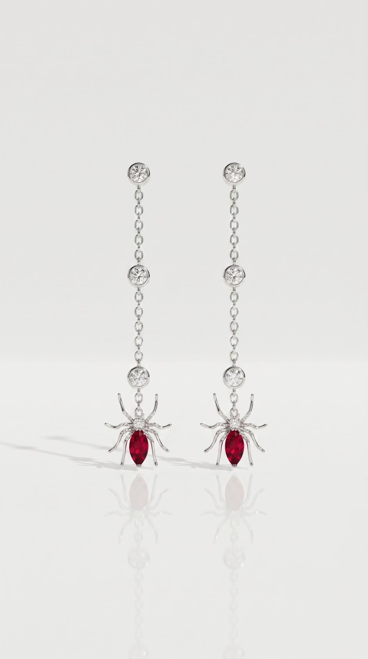 Arachnea Aurea - Web of love Ruby & Diamond Spider Drop Earrings — Levendi Jewellers