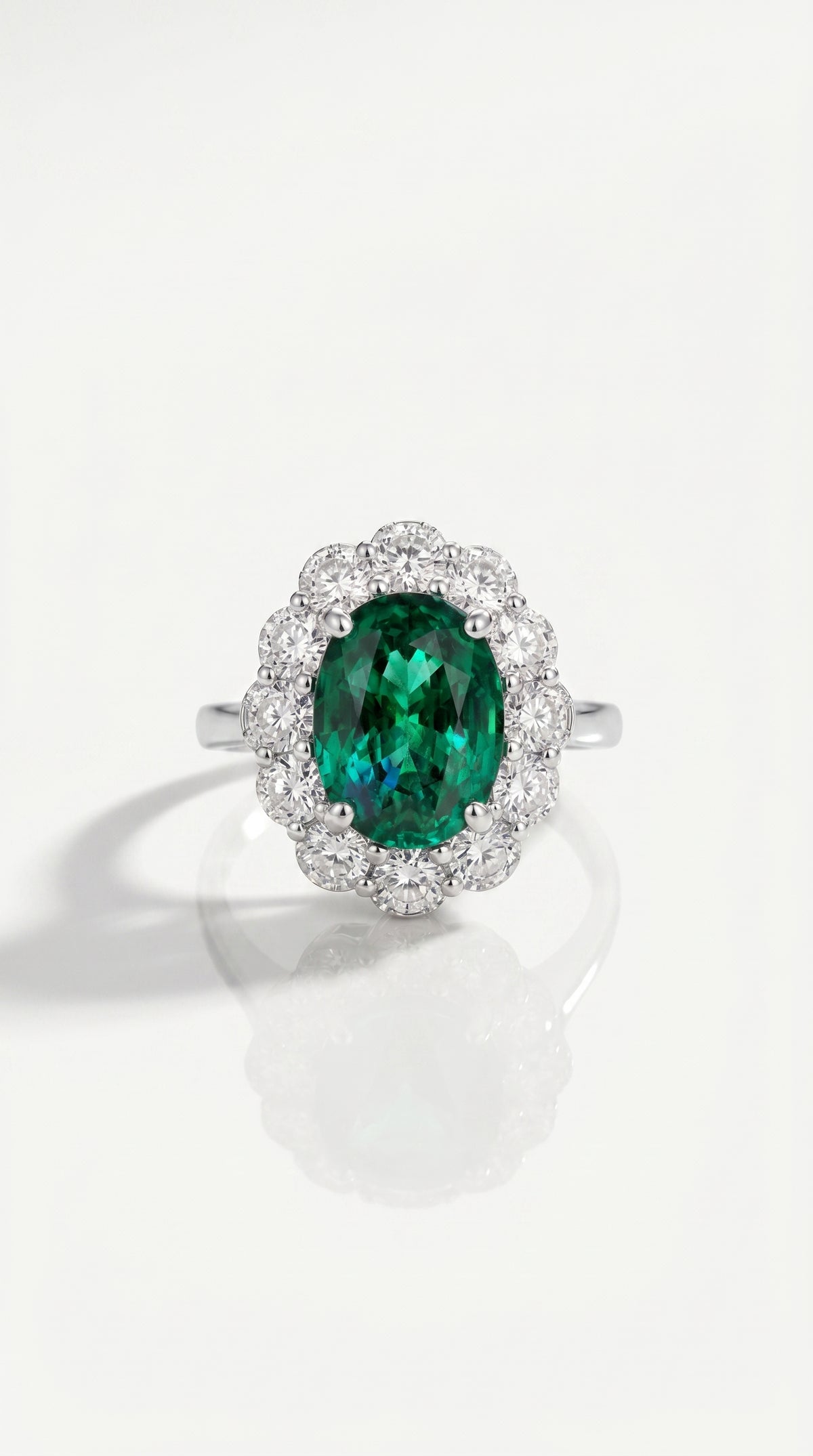 Oval Cut Emerald & Diamond Halo Ring — Levendi Jewellers