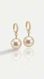 Golden South Sea Pearl & Diamond Drop Earrings — Levendi Jewellers