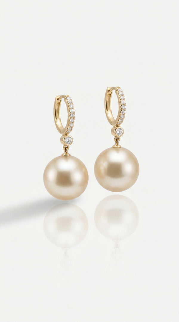 Golden South Sea Pearl & Diamond Drop Earrings — Levendi Jewellers