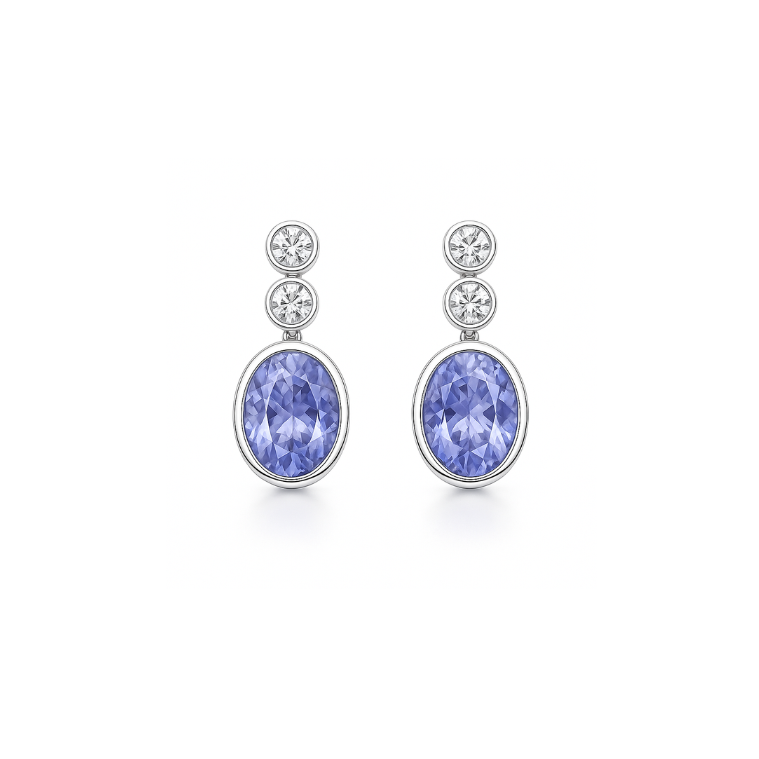 Bezel Set Tanzanite & Diamond Drop Earrings — Levendi Jewellers