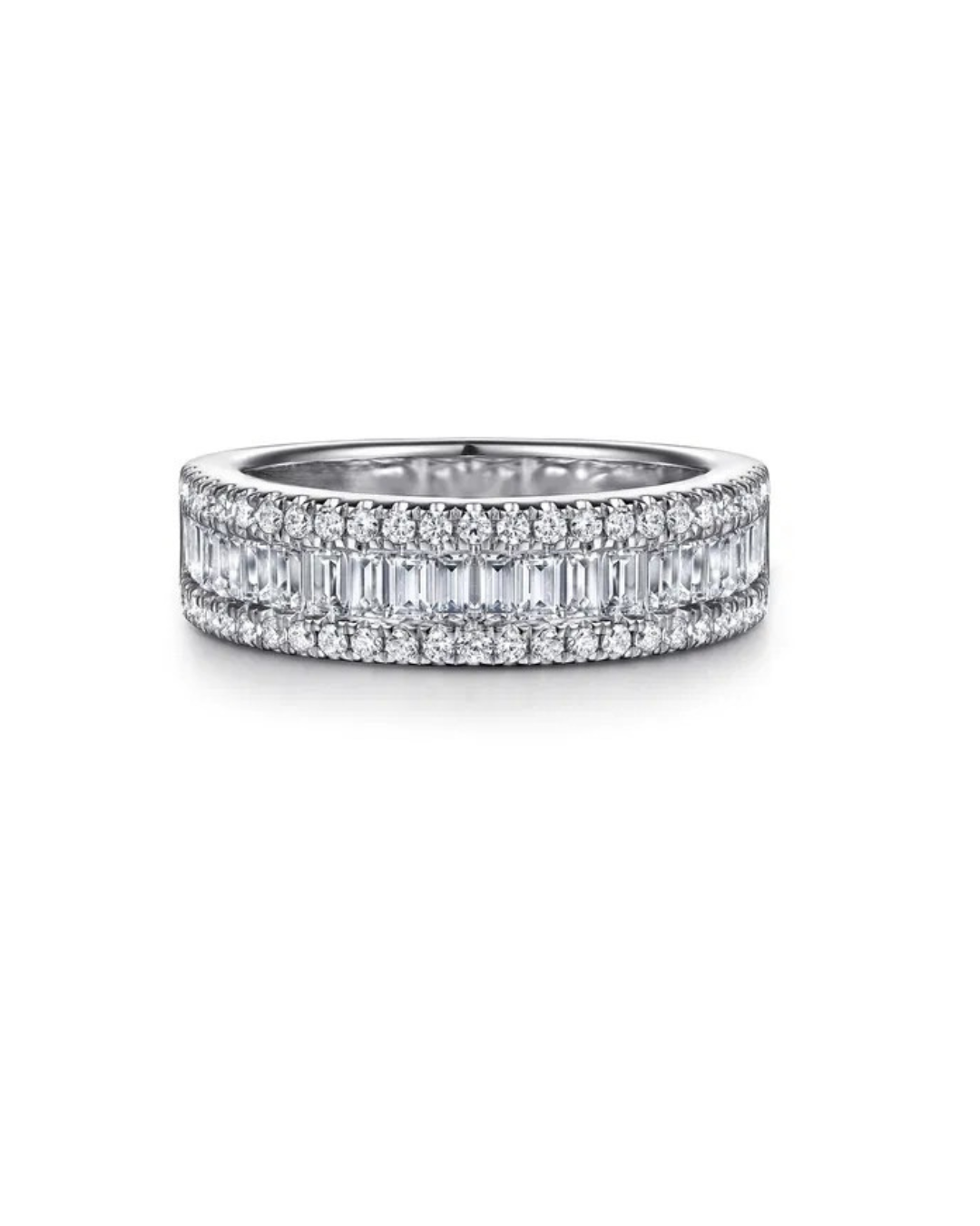 3 Rows Baguette & Round Brilliant Cut Diamonds Wedding Band