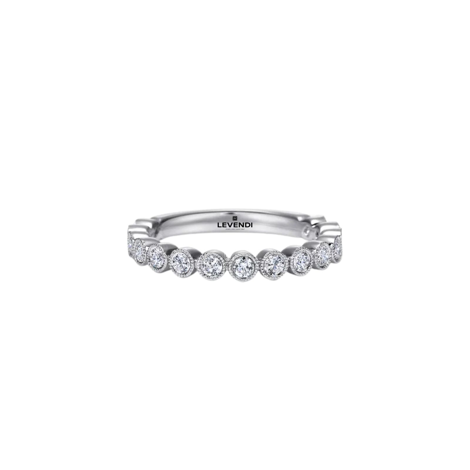Wedding Band - Milgrain White Gold Bezel Set Diamond