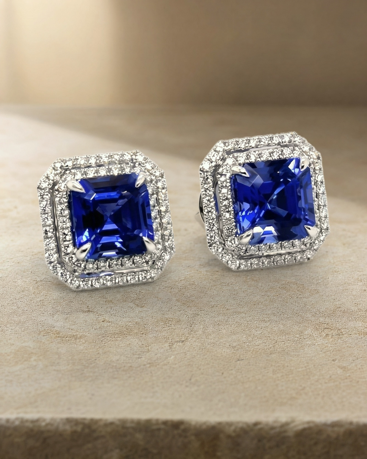 Tanzanite Cushion Cut & Diamonds Double Halo Earrings — styled