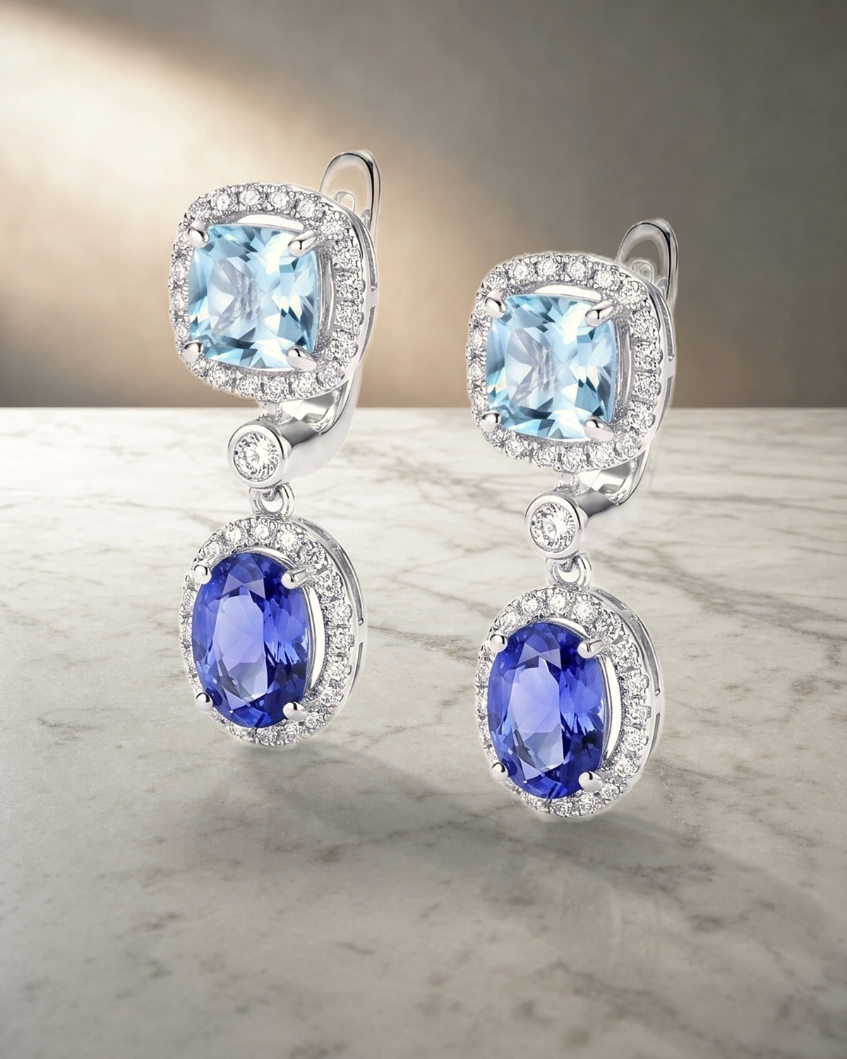 Aquamarine & Tanzanite Drop Earrings — styled