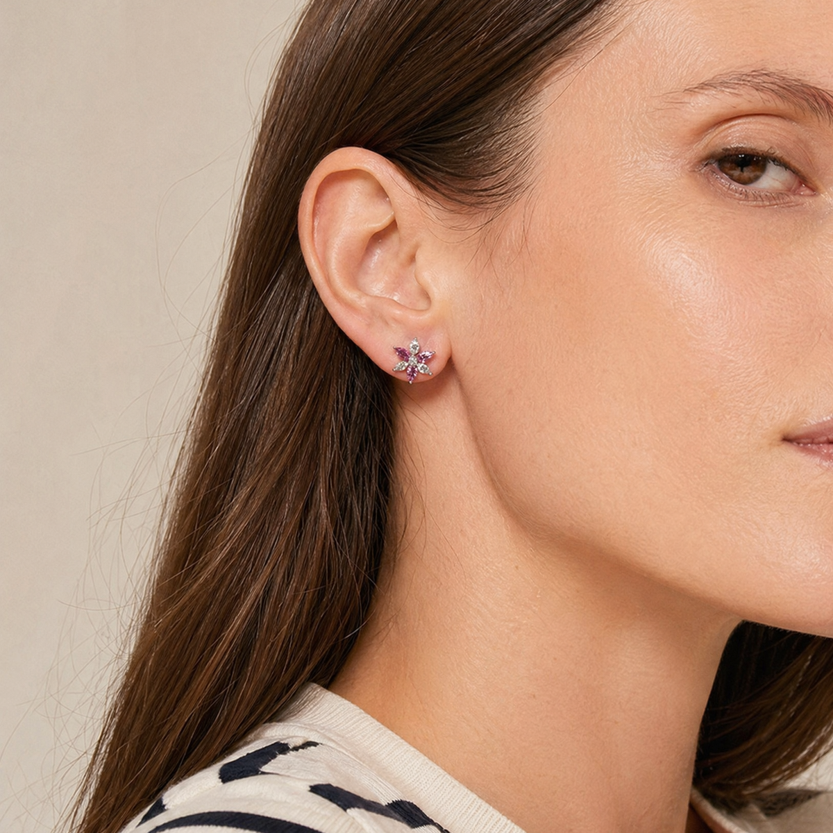 Pink Sapphire & Diamond Maquise Floral Earrings, view 2 — Levendi Jewellers