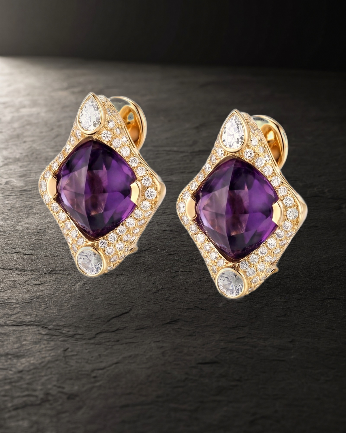 Cabochon Amethyst & Fancy Diamonds Pavee Earrings — styled