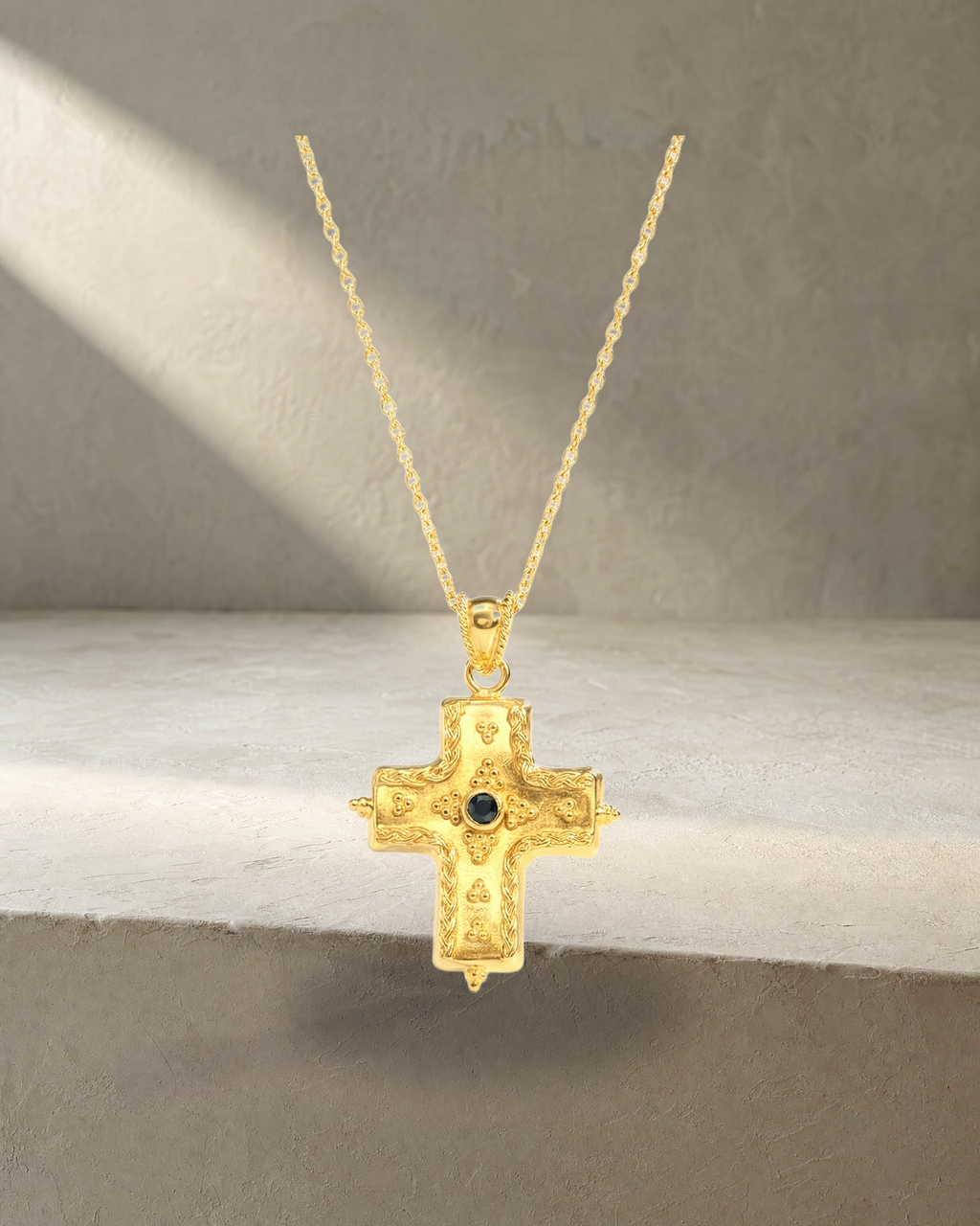 Levendi Yellow Gold Filigree Cross — styled