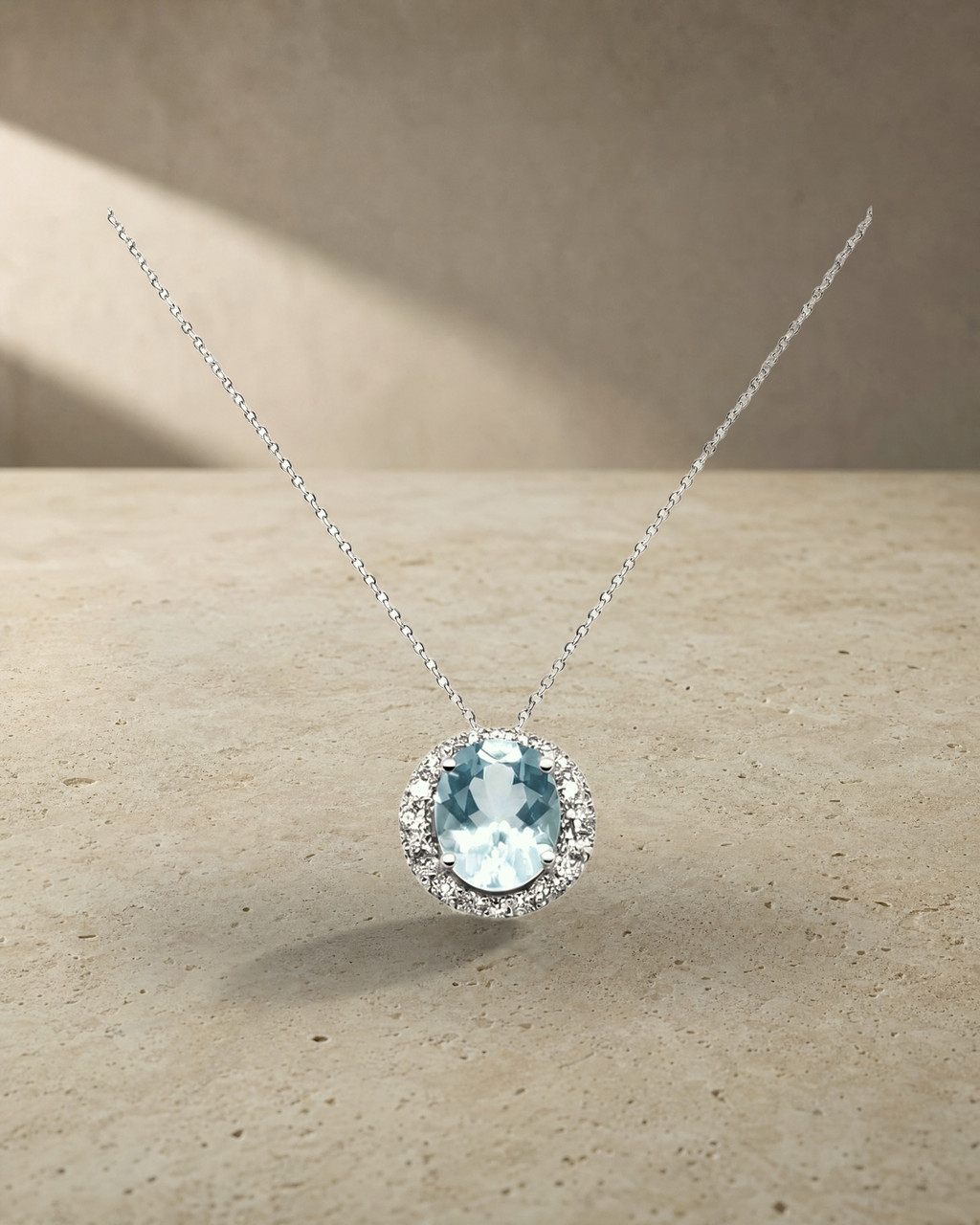 Classic - Aquamarine Halo Pendant — styled