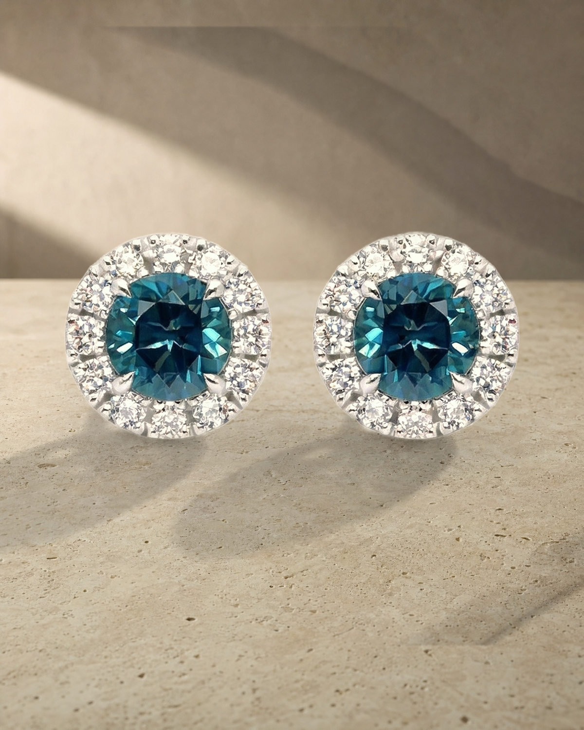 Classic - Aquamarine Halo Studs Earrings — styled