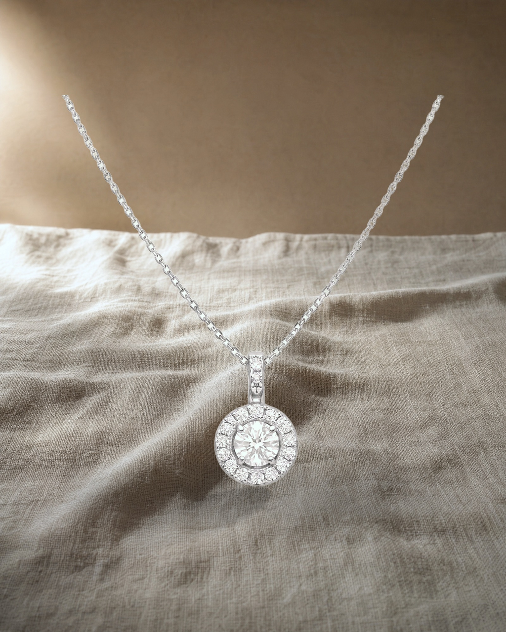Classic - Round Brilliant Cut Halo Diamond Pendant — styled