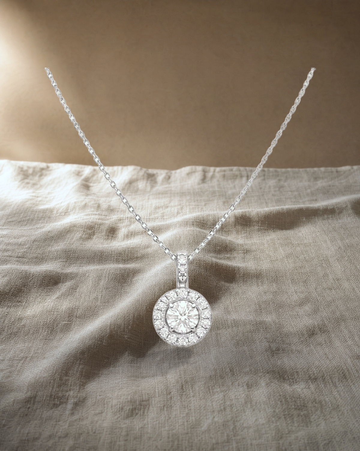 Classic - Round Brilliant Cut Halo Diamond Pendant — styled