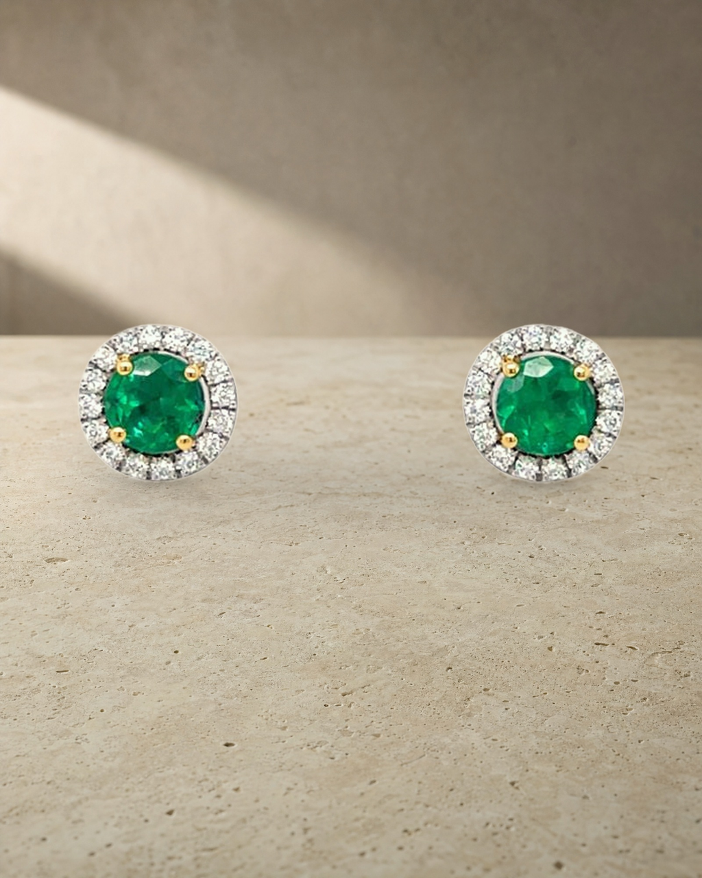 Colombian Emerald & Diamonds Halo Studs — styled