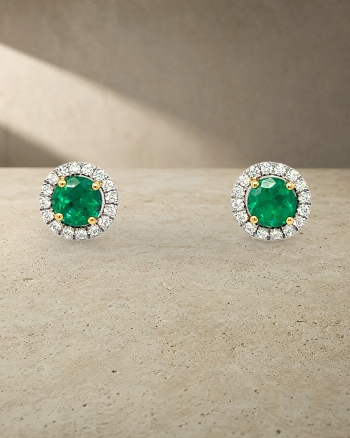 Colombian Emerald & Diamonds Halo Studs — styled