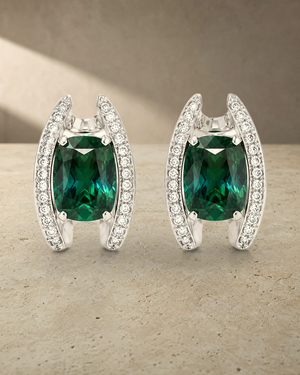 Cushion Green Tourmaline & Diamond Earrings — styled