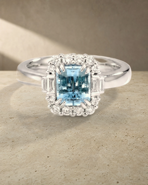 Aquamarine Emerald Cut & Diamond Dress Ring — styled