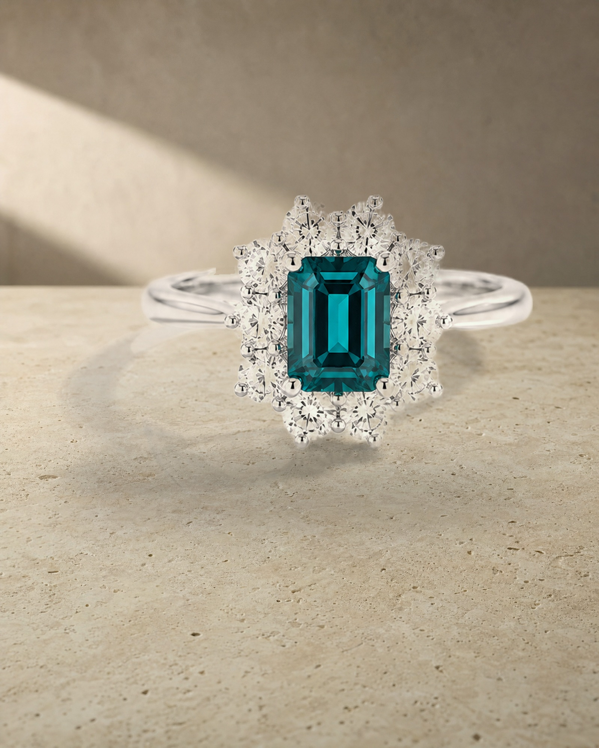Emerald Cut Blue Sapphire Ring Diamond Halo Ring — styled