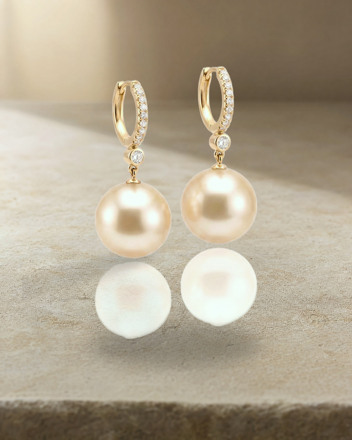 Golden South Sea Pearl & Diamond Drop Earrings — styled