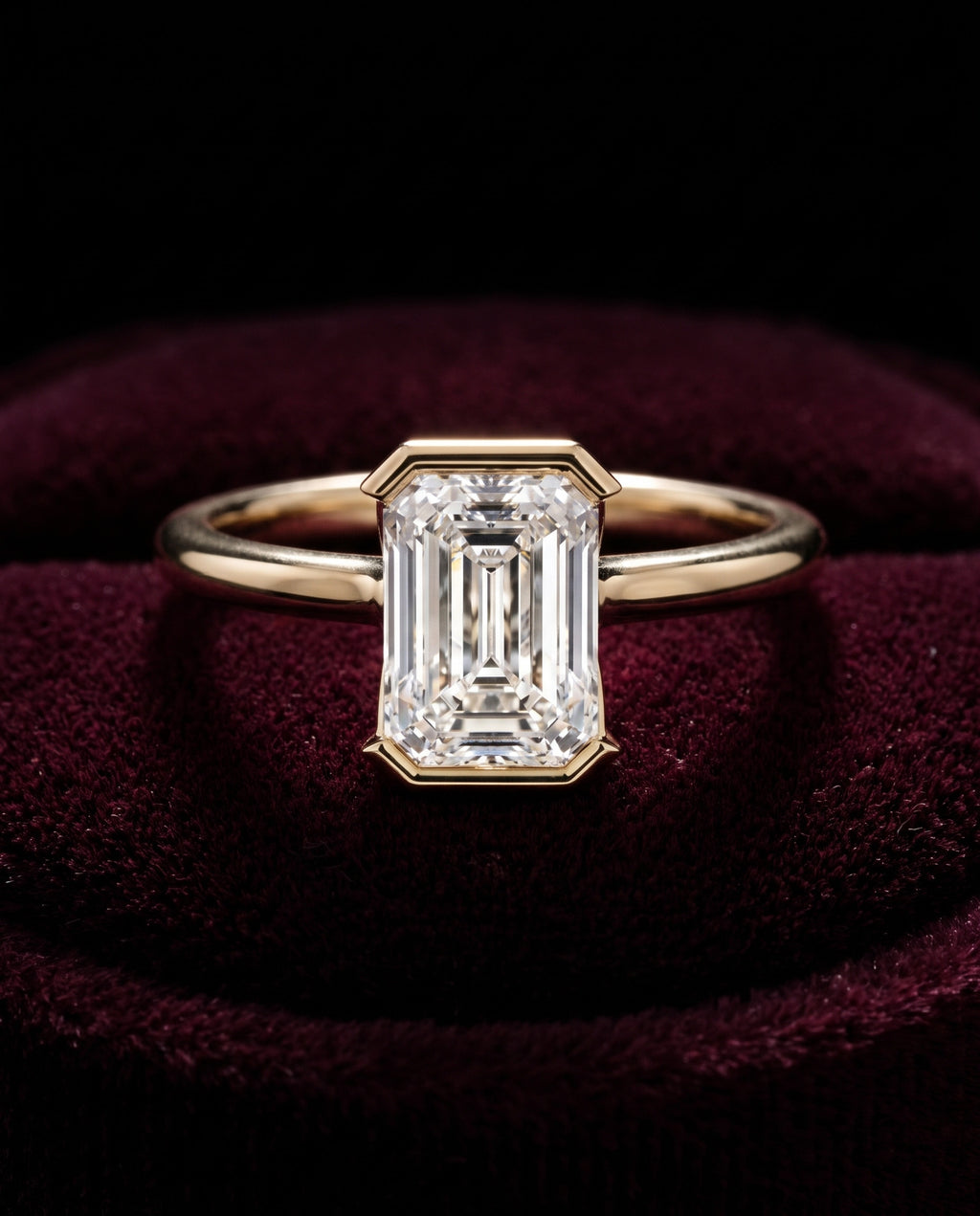 Levendi Wave of Love - Emerald Cut Open Bezel Engagement Ring — Levendi Jewellers, burgundy