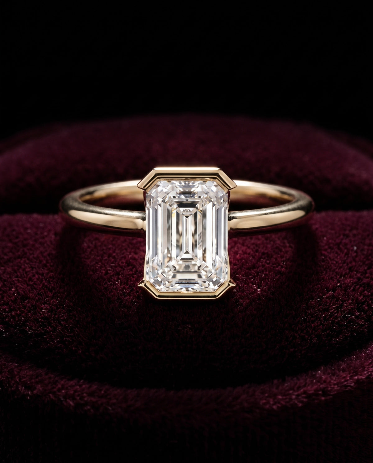Levendi Wave of Love - Emerald Cut Open Bezel Engagement Ring — Levendi Jewellers, burgundy