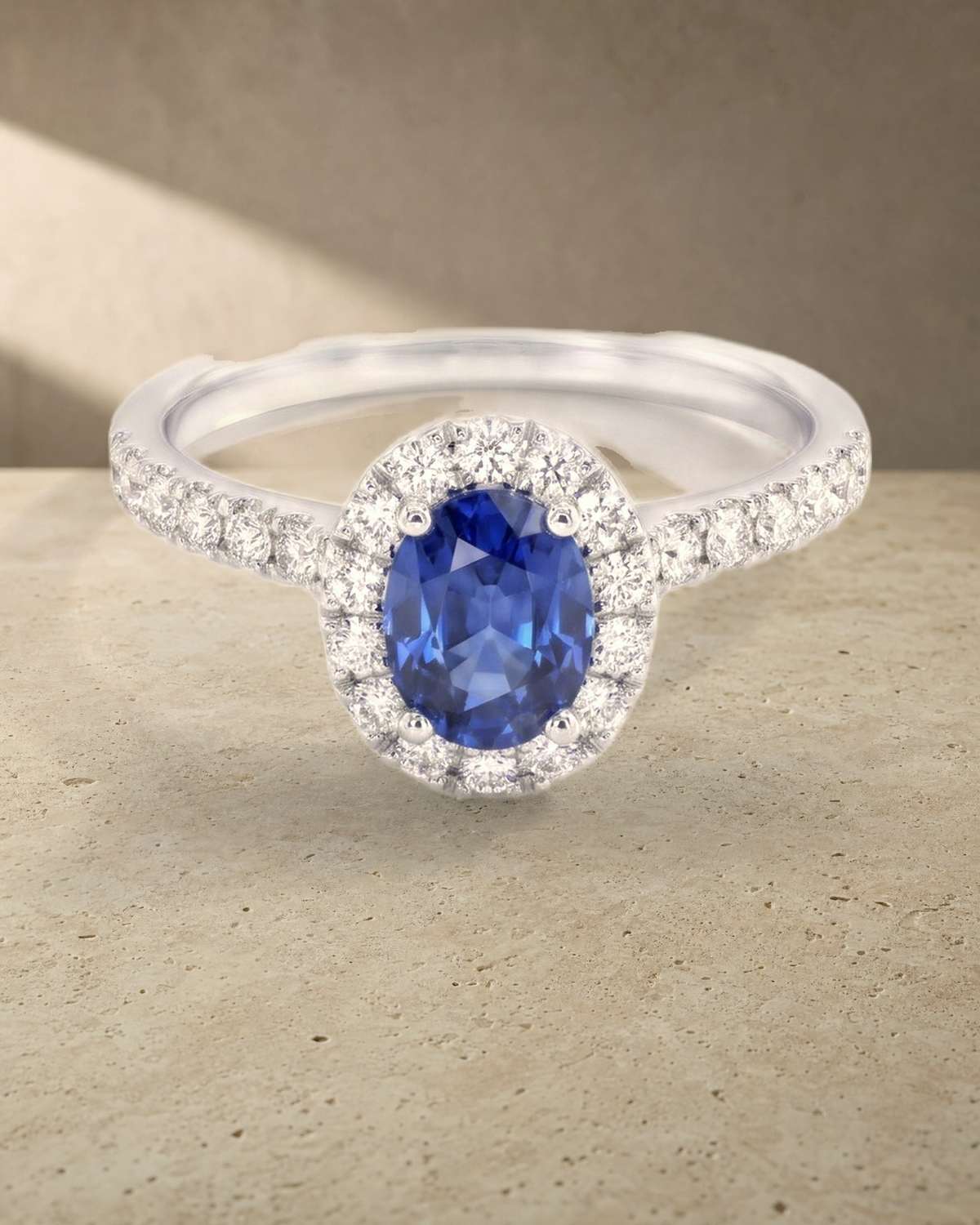 Oval Cut Ceylon Blue Sapphire 1.15 ct Diamond Halo Ring — styled