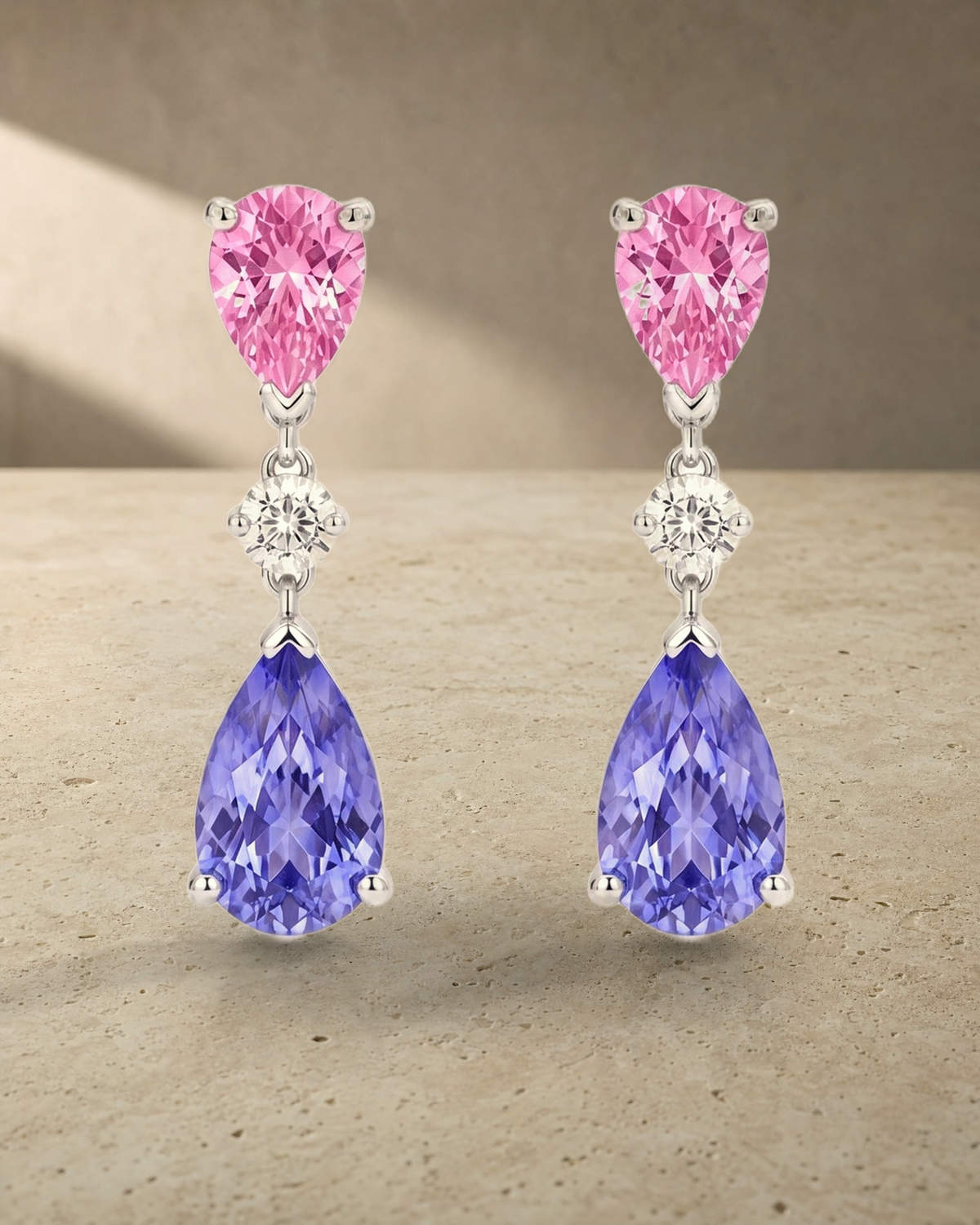 Pink Sapphire, Diamond & Tanzanite Drop Earrings — styled