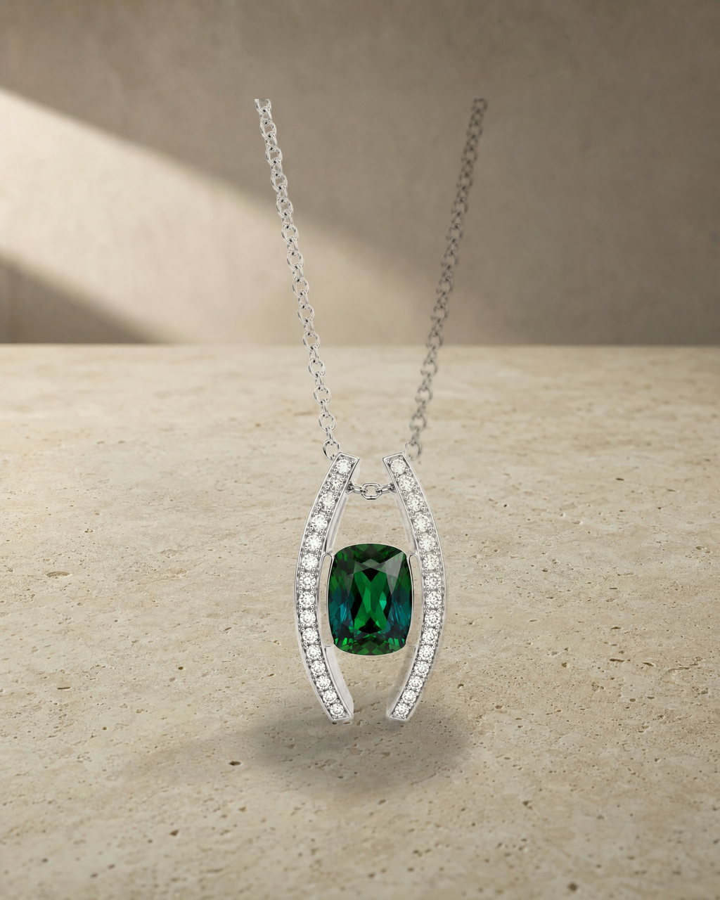Cushion Green Tourmaline & Diamond Pendant — styled