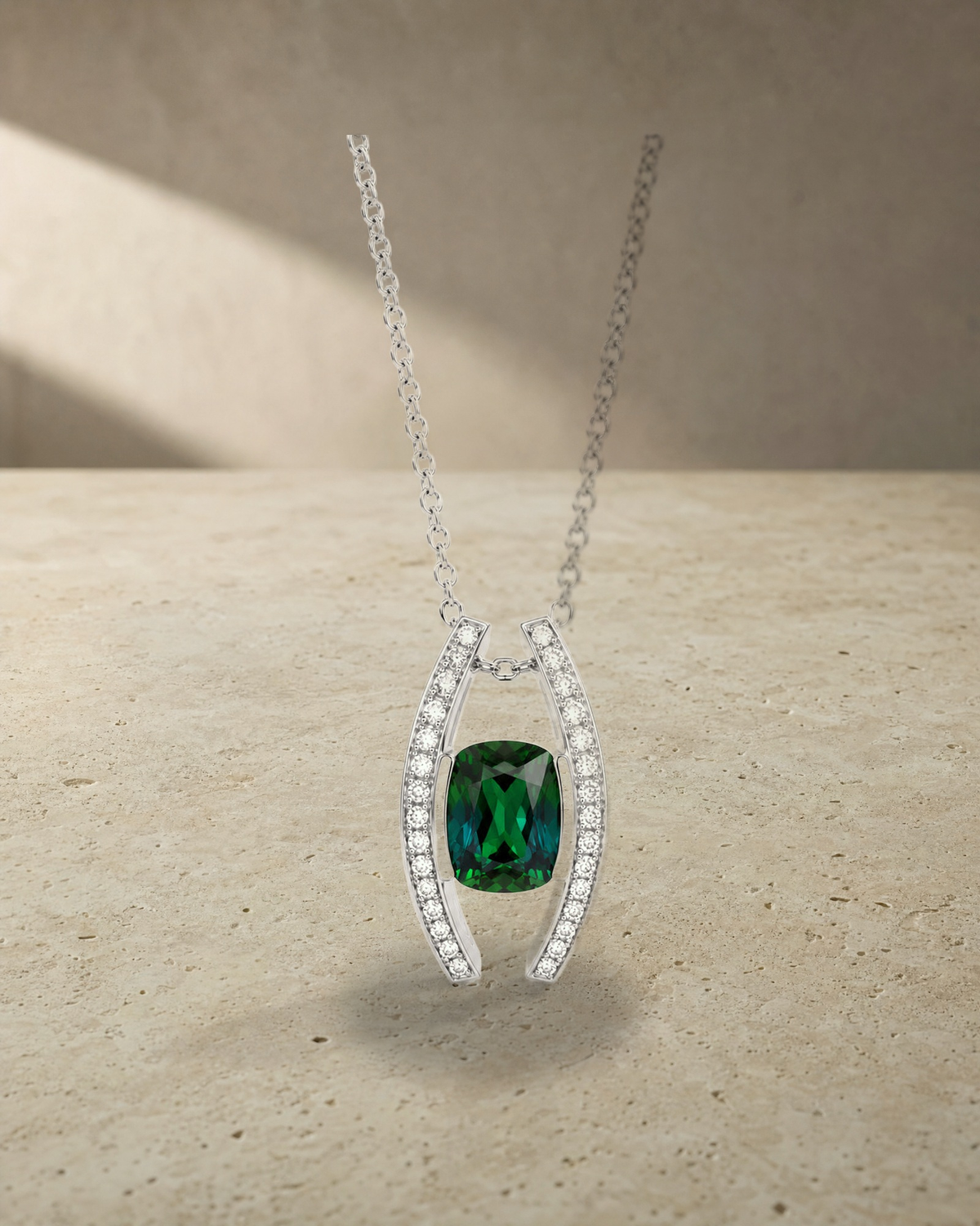 Cushion Green Tourmaline & Diamond Pendant — styled